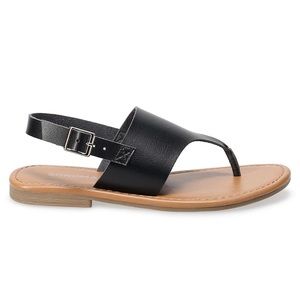 Slingback Thong Sandal Women Size 5 Black  Flat Summer Shoe Faux Leather Comfort